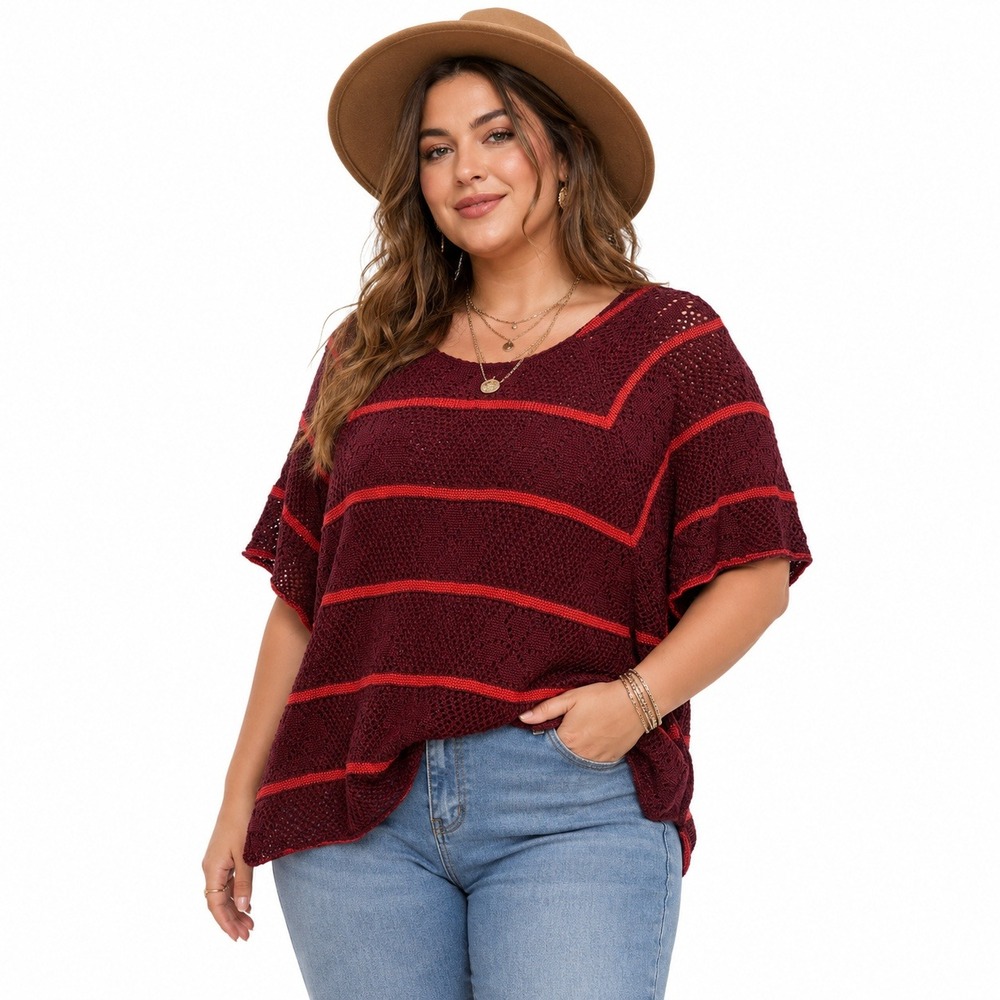 One World Crochet Striped Knit Sweater Burgundy Red Boho Dolman Sleeve Size 1X
